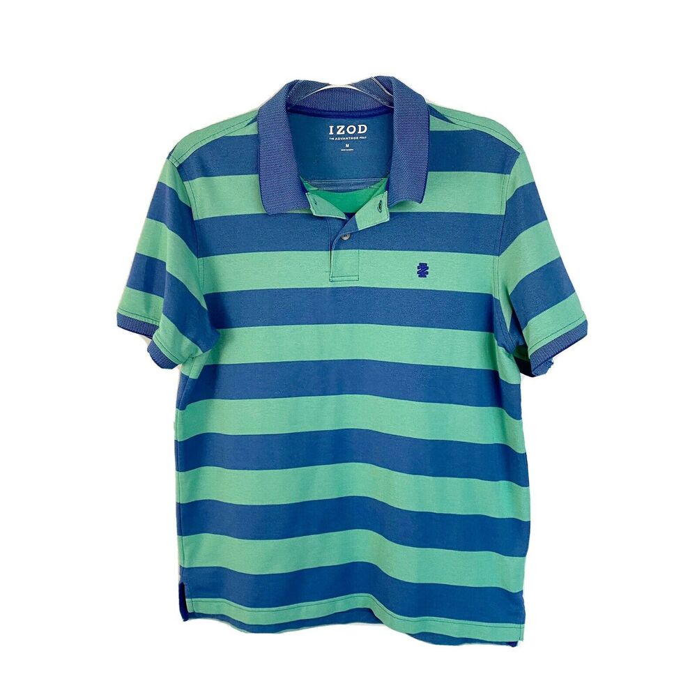 IZOD Men’s Green & Blue Striped Short Sleeve Polo Shirt Size M Cotton Blend